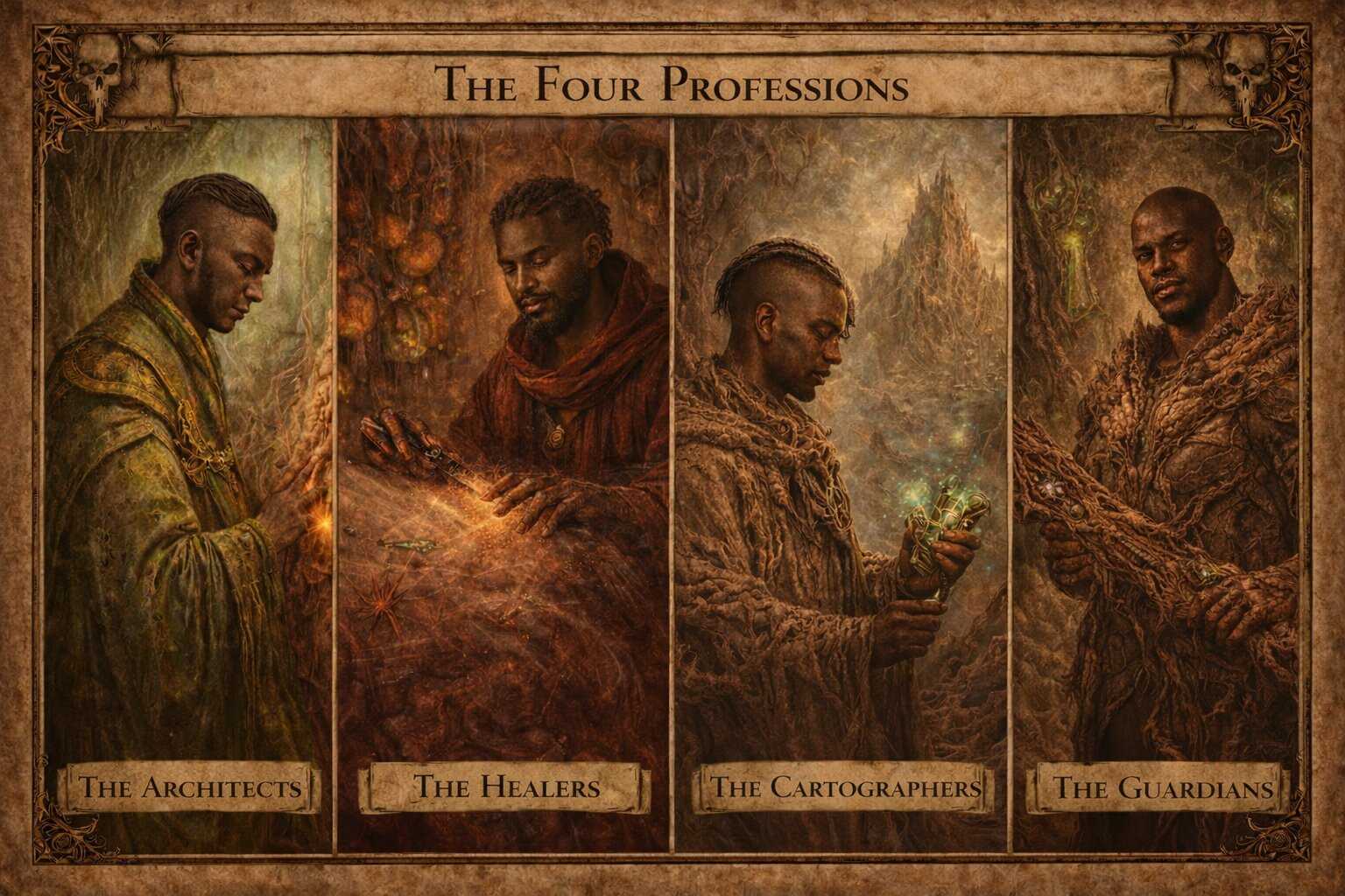 Four panels depicting the Architects, Healers, Guardians and Artists of the Sac caste system