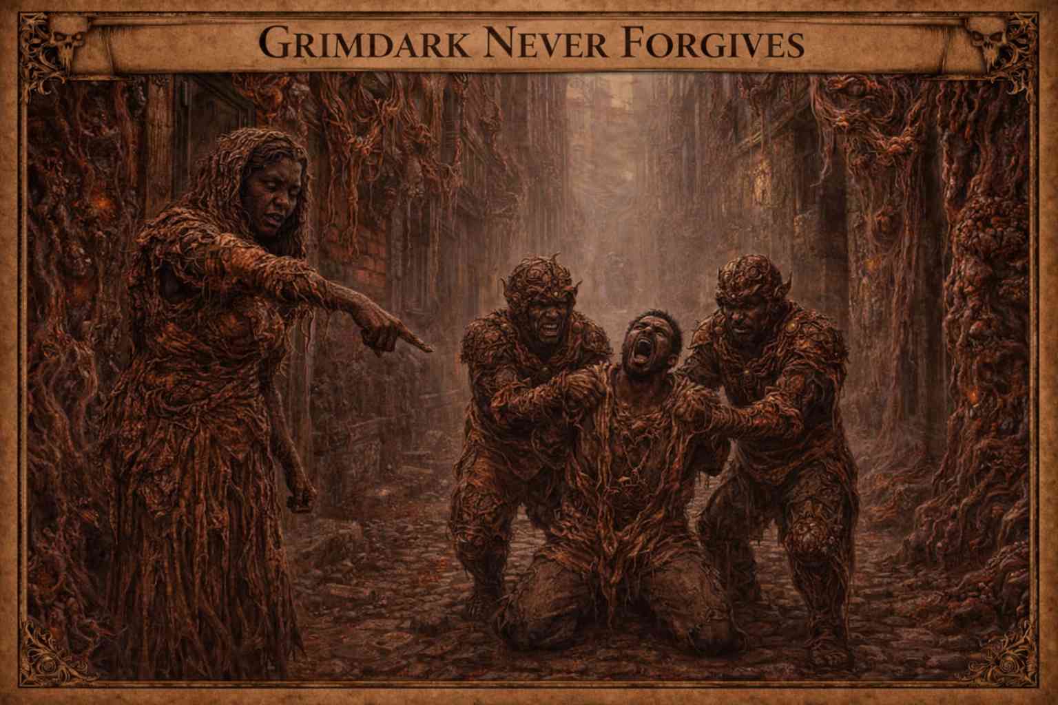 Grimdark aesthetic - corroded armor, desolate battlefield, leaden sky