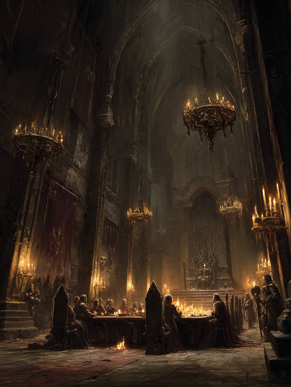 Throne or council scene - figures in shadow, power games