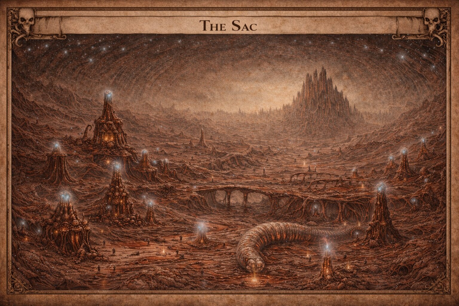 The Sac — a cavernous organic settlement carved into living tissue, lit by glowstones