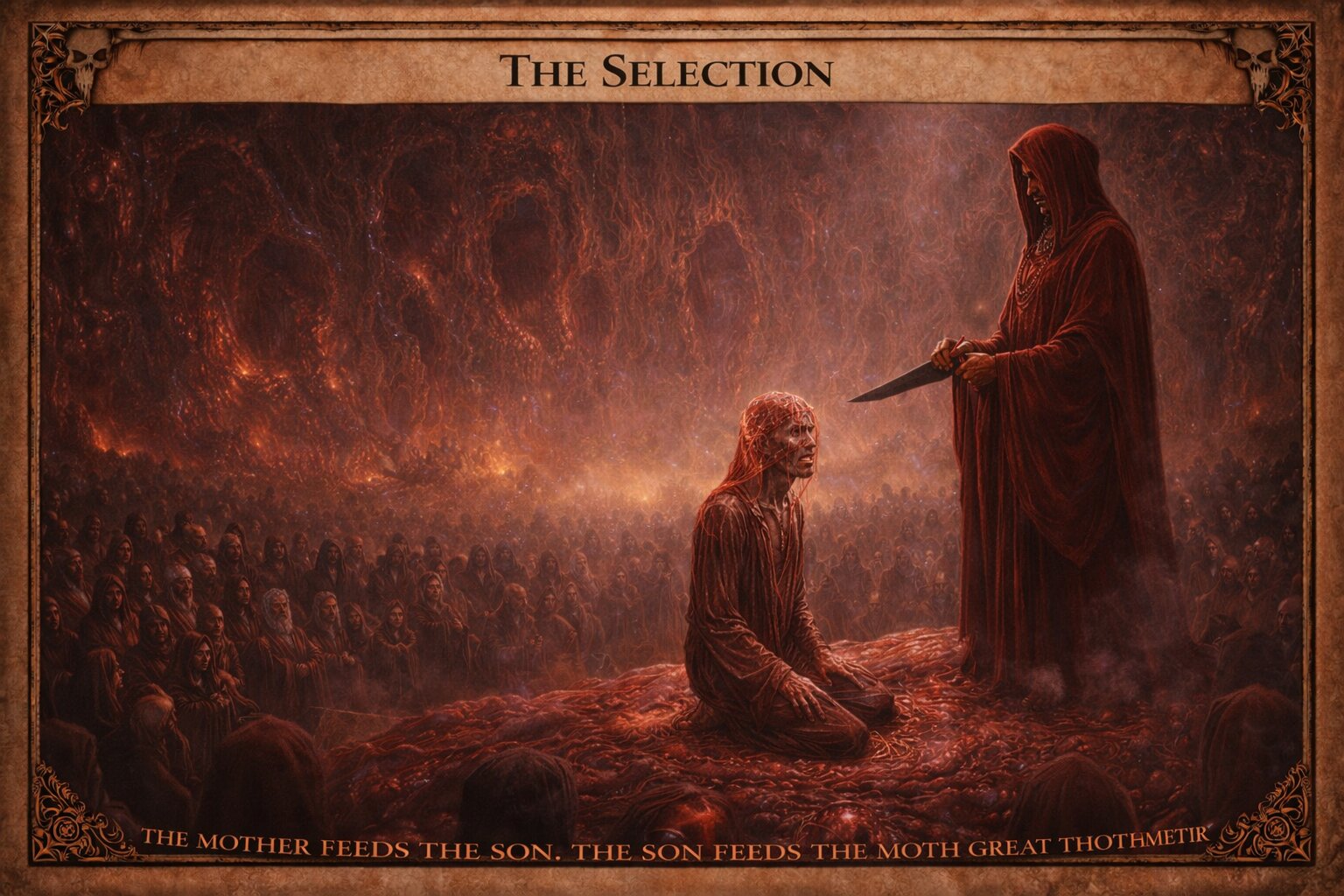 A ritual sacrifice scene — a robed figure stands before a crowd in the flickering dark of the Sac