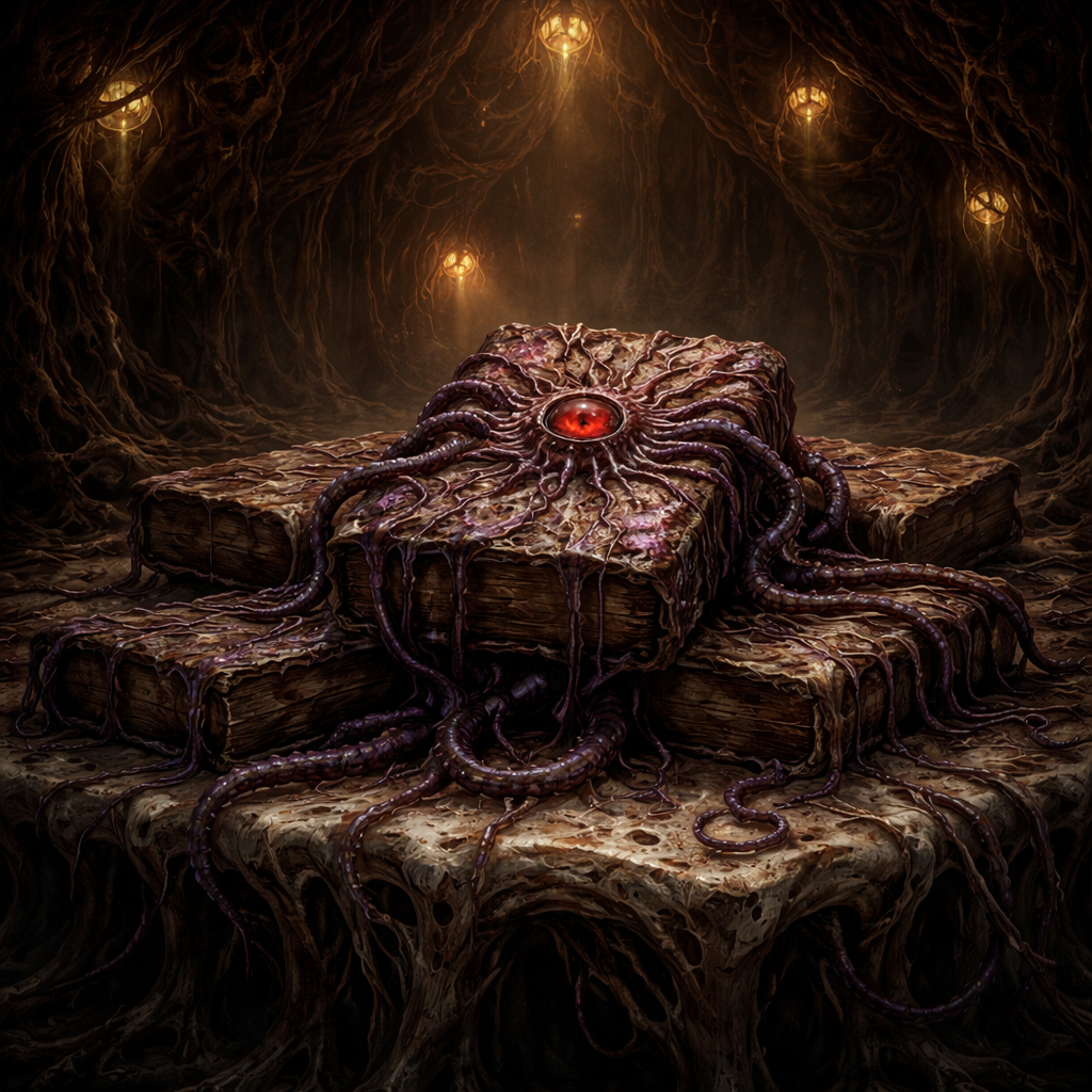 Biopunk organic books in a living chamber